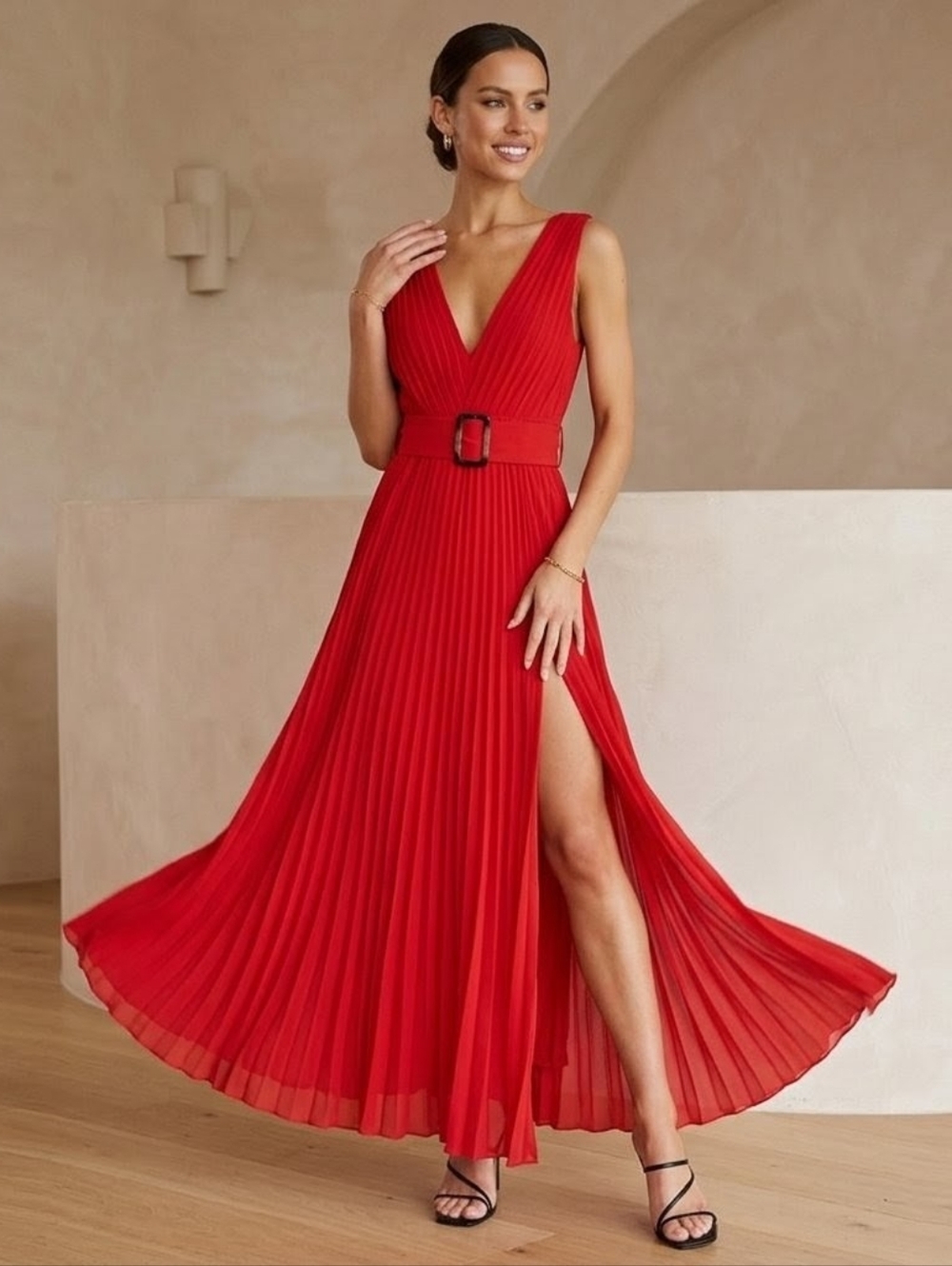 Fame and Partners Red Pleated Maxi Dress with Belt - Size 0